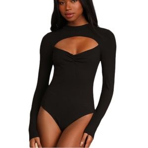 NWT LULUS Women's Flirty Factor Black Ribbed Long Sleeve Cutout Bodysuit ~ Large